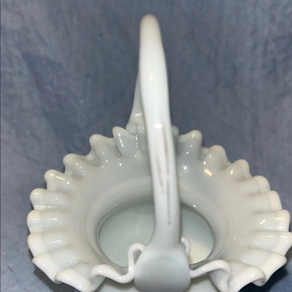 Fenton Hand Painted Rose Ruffle Basket White Glass Faded Gold Trim